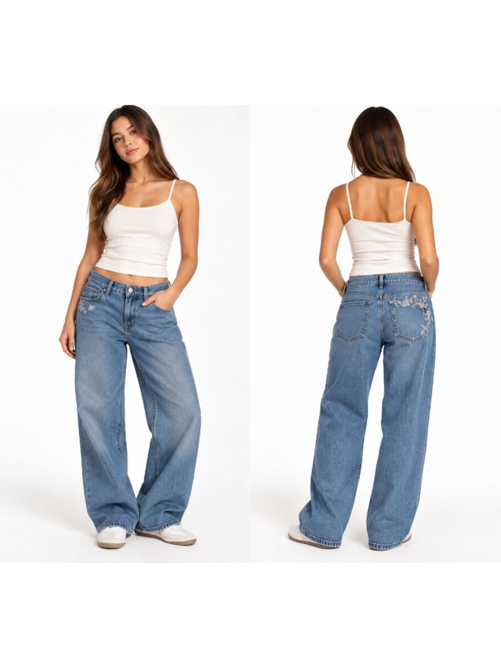 Hollister Women’s Low-Rise Baggy Jeans W29 Regular Butterfly Floral Embroidered